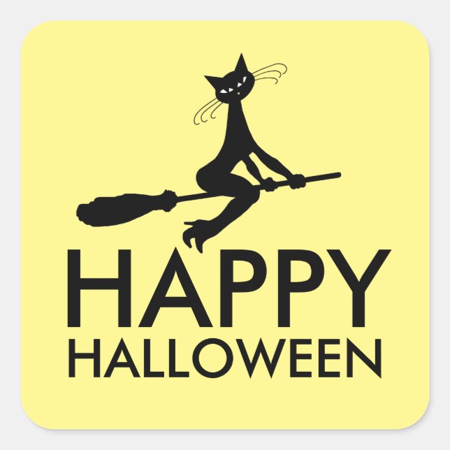 Katze auf Broomstick, glückliches Halloween Quadratischer Aufkleber (Vorderseite)