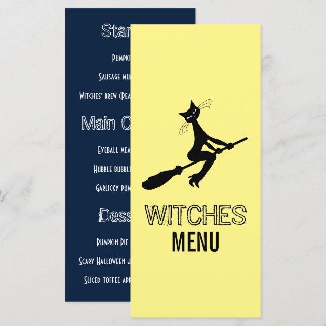 Katze auf Broomstick-Party Menükarte (Vorne/Hinten)