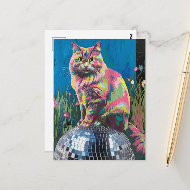 Katze auf dem Diskoball Postkarte (Vorderseite/Rückseite Beispiel)