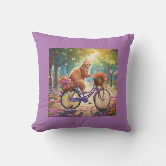 Katze auf dem Fahrrad mit farbenfroher Blume Kisse Kissen (Vorderseite)