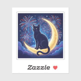 Katze auf dem Halbmond - Patriotisches Feuerwerk z Aufkleber