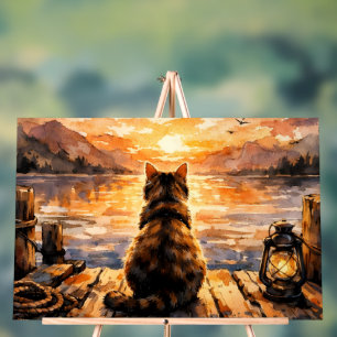 Katze auf Dock bei Sonnenuntergang Acrylschild
