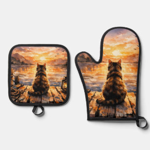 Katze auf Dock bei Sonnenuntergang Ofenhandschuh & Topflappen-Set