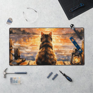 Katze auf Dock bei Sonnenuntergang Schreibtischunterlage