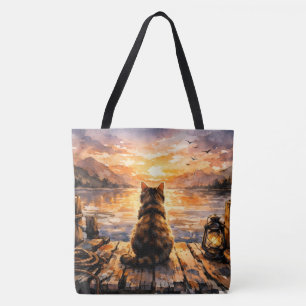 Katze auf Dock bei Sonnenuntergang Tasche