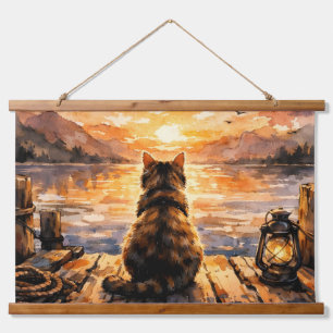 Katze auf Dock bei Sonnenuntergang Wandteppich Mit Holzrahmen