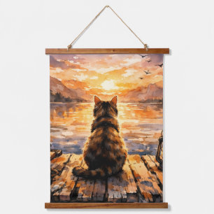 Katze auf Dock bei Sonnenuntergang Wandteppich Mit Holzrahmen