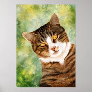 Katze auf einem Baum, der grün-gelb-braun Zeichne Poster