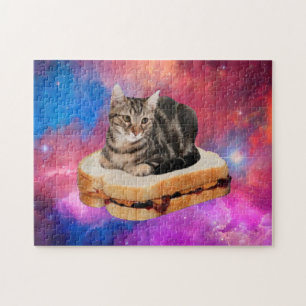 Katze auf einem Brot im Weltraum