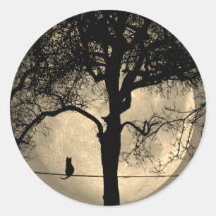 Katze auf einem Draht Vollmond Runder Aufkleber