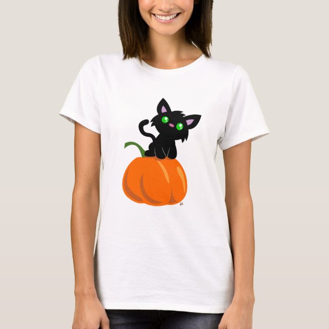 Katze auf einem Pumpkin-T - Shirt (Vorderseite)