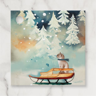 Katze auf einem Schlitten in einem Winter Wonderla Geschenkanhänger