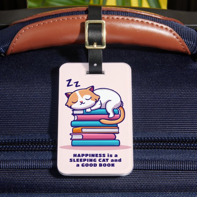 Katze auf einem Stapel Bücher Niedlich Personalisi Gepäckanhänger (Vorderseite Insitu 2)
