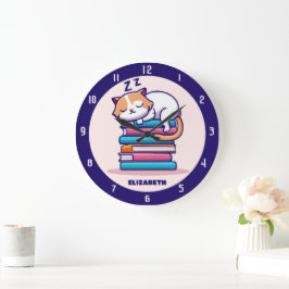 Katze auf einem Stapel Bücher Niedlich Personalisi Große Wanduhr