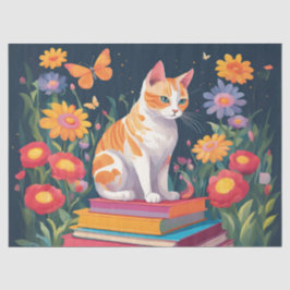 Katze auf einem Stapel Bücher Seidenpapier