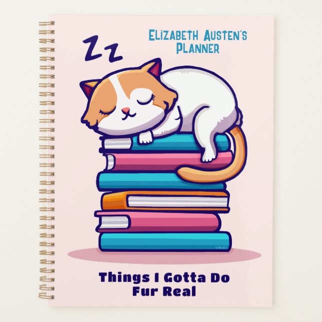 Katze auf einem Stapel Niedlicher Bücher Name des  Planer (Vorderseite)