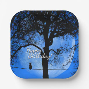 Katze auf einem Wire Blue Moon Happy Birthday Pappteller