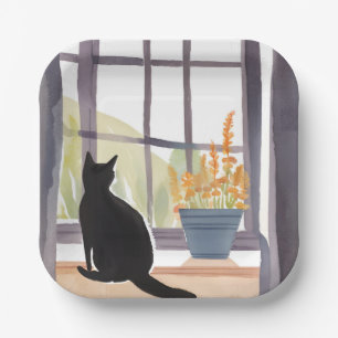 Katze auf Fensterbank Silhouette Aquarell Pappteller