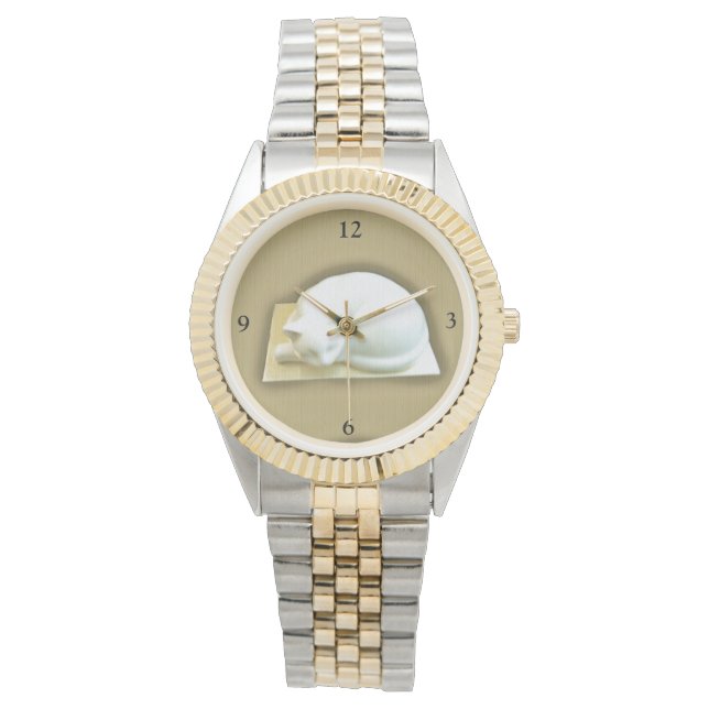 Katze auf Gold Box II Armbanduhr (Vorderseite)
