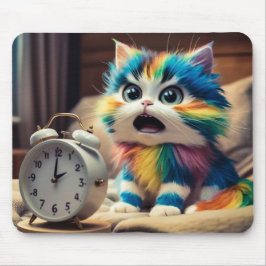 Katze auf Mauspad mit Wecker