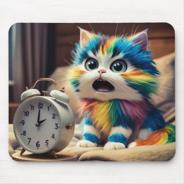 Katze auf Mauspad mit Wecker (Vorne)
