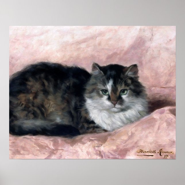 Katze auf rosa Kissen von Henriëtte Ronner Knip Poster (Vorne)