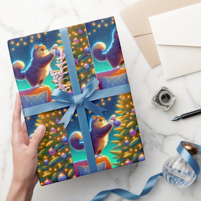 Katze auf Sofa Stehend, um Weihnachtsbaum zu dekor Geschenkpapier (Schenken)
