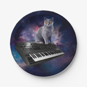 Katze auf Synthesizer im Weltraum Pappteller