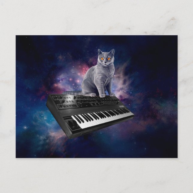 Katze auf Synthesizer im Weltraum Postkarte (Vorderseite)
