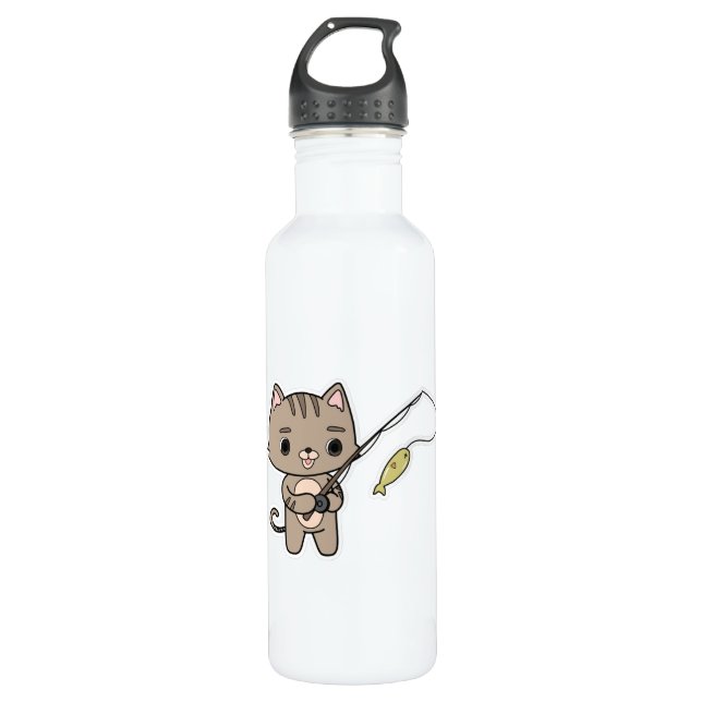 Katze beim Angeln mit Angelrute Edelstahlflasche (Vorderseite)