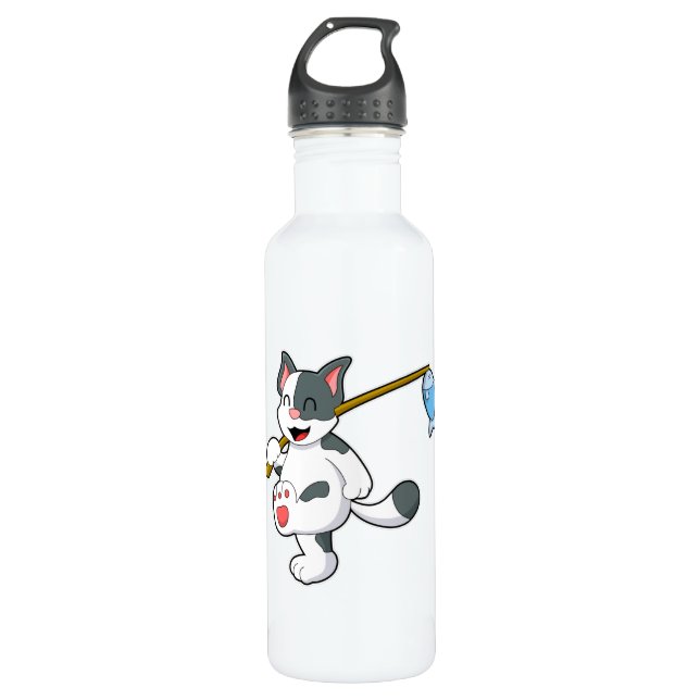 Katze beim Angeln mit Angelrute Edelstahlflasche (Vorderseite)