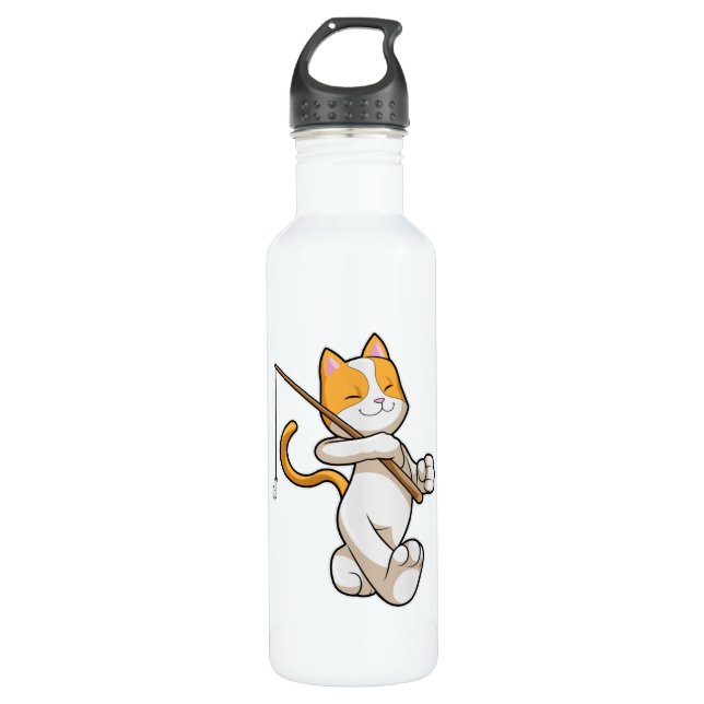 Katze beim Angeln mit Angelrute Edelstahlflasche (Vorderseite)