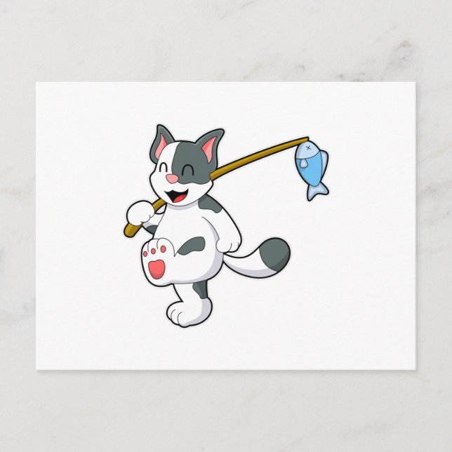 Katze beim Angeln mit Angelrute Postkarte (Vorderseite)