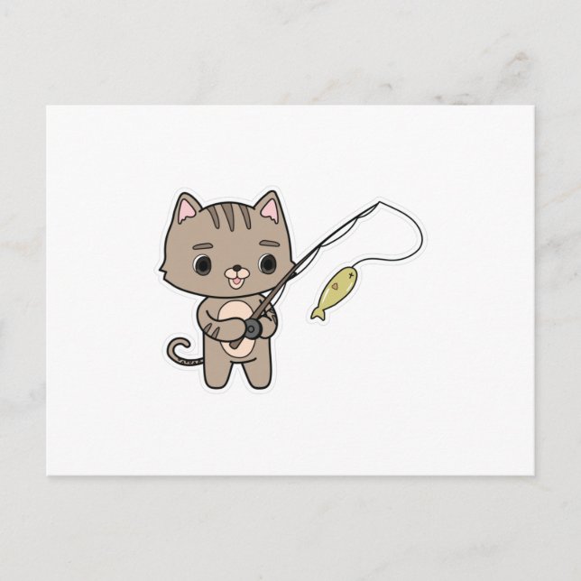 Katze beim Angeln mit Angelrute Postkarte (Vorderseite)