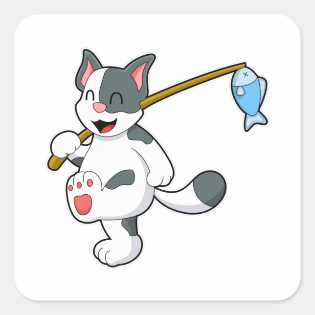 Katze beim Angeln mit Angelrute Quadratischer Aufkleber (Vorderseite)
