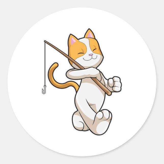 Katze beim Angeln mit Angelrute Runder Aufkleber (Vorderseite)