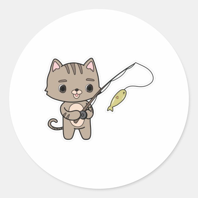 Katze beim Angeln mit Angelrute Runder Aufkleber (Vorderseite)