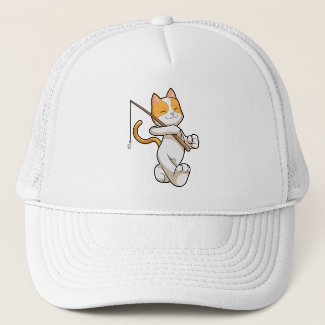 Katze beim Angeln mit Angelrute Truckerkappe (Vorderseite)