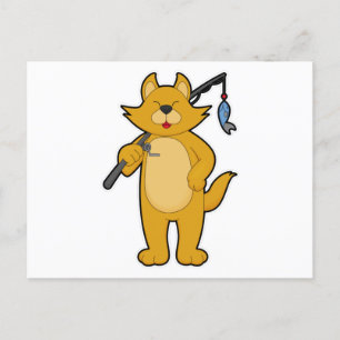 Katze beim Angeln mit Angelrute und Fisch Postkarte