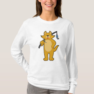 Katze beim Angeln mit Angelstab & Fisch T-Shirt