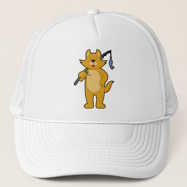 Katze beim Angeln mit Angelstab & Fisch Truckerkappe (Vorderseite)