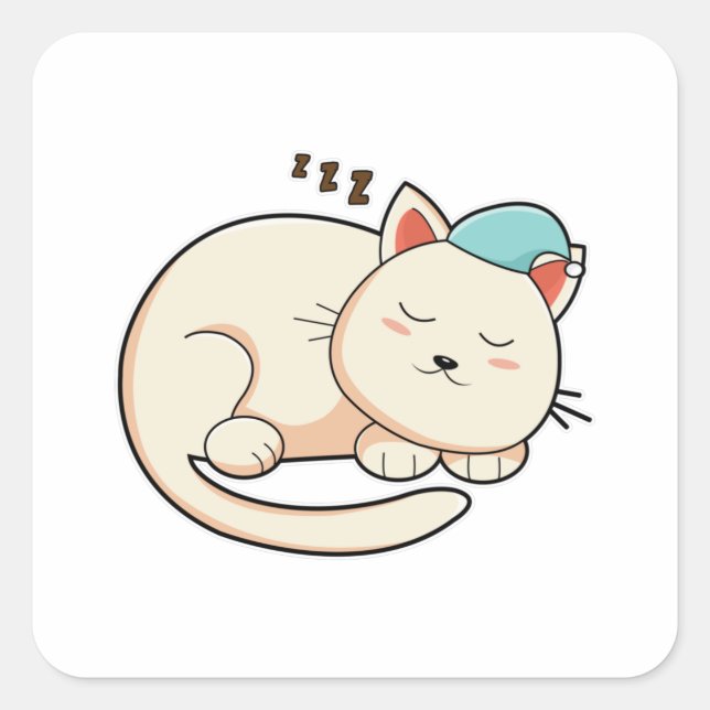 Katze beim Schlafen mit Nachtkappe Quadratischer Aufkleber (Vorderseite)