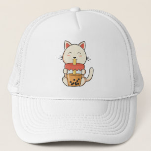 Katze beim Trinken mit Stroh Truckerkappe