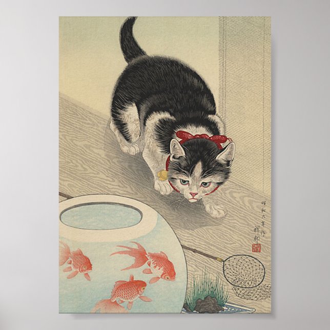 Katze Blick auf Fisch Japanisches Vintages Tierpos Poster (Vorne)