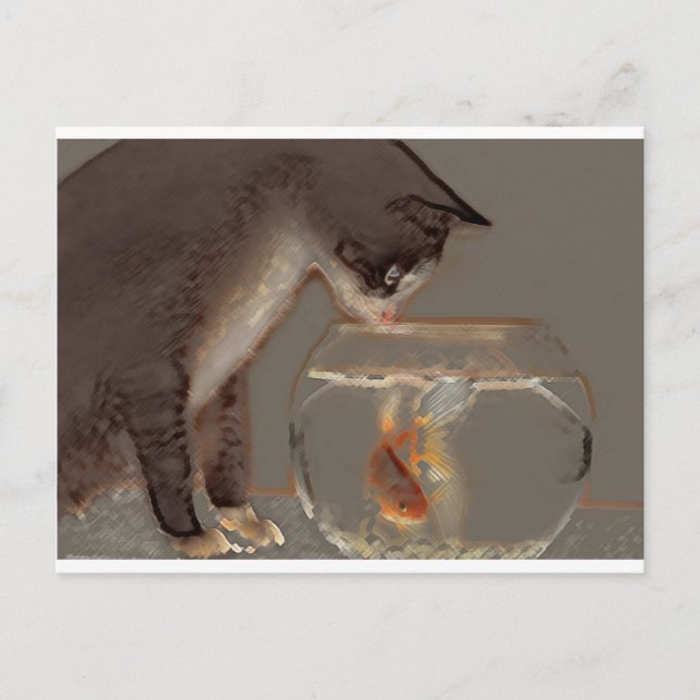 Katze Blick auf Goldfish Bowl Postkarte (Vorderseite)