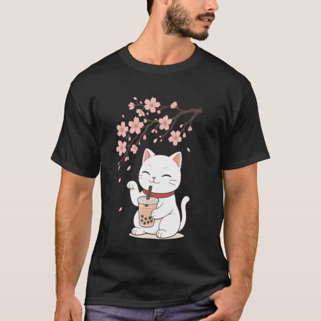 Katze Bubble Tea Kirschblüte T-Shirt (Vorderseite)
