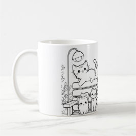 Katze Dame mit ihren Katzen auf einer Bank Kaffeetasse