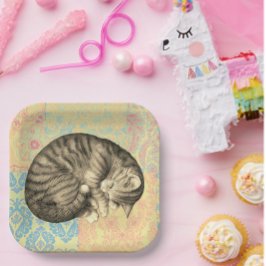 Katze, die auf Quilt niedlich schläft Pappteller