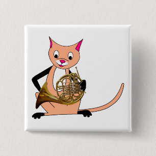 Katze, die das französische Horn spielt Button