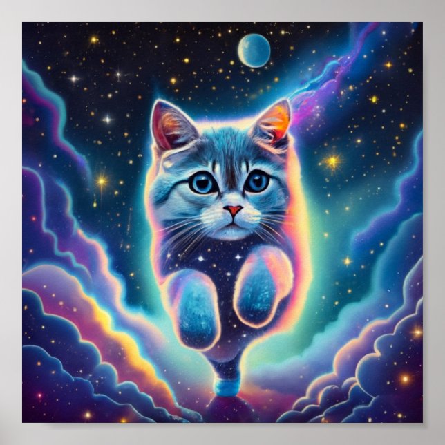 Katze, die durch den Weltraum fliegt Poster (Vorne)